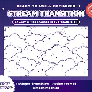 Twitch Stinger トランジション | ストリーム トランジション | 白い雲 | 天体 | 銀河 | かわいいストリーム セットアップ | かわいい | 輝き | オーバーレイ | スクリーン