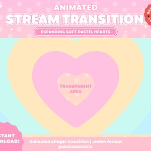 Puede incluir: Transici&oacute;n animada de flujo con corazones rosados pastel que se expanden y un &aacute;rea transparente en el centro. El texto "ANIMATED STREAM TRANSITION" y "EXPANDING SOFT PASTEL HEARTS" se muestra en la parte superior de la imagen. El texto "TRANSPARENT AREA" se muestra en el centro de la imagen. El texto "INSTANT DOWNLOAD!" se muestra en la esquina inferior izquierda de la imagen. El texto "Animated stinger transition | .webm format @MOSHIMOCHICO" se muestra en la esquina inferior derecha de la imagen.