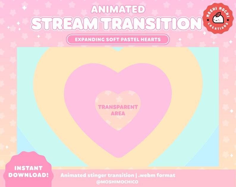Puede incluir: Transici&oacute;n animada de flujo con corazones rosados pastel que se expanden y un &aacute;rea transparente en el centro. El texto "ANIMATED STREAM TRANSITION" y "EXPANDING SOFT PASTEL HEARTS" se muestra en la parte superior de la imagen. El texto "TRANSPARENT AREA" se muestra en el centro de la imagen. El texto "INSTANT DOWNLOAD!" se muestra en la esquina inferior izquierda de la imagen. El texto "Animated stinger transition | .webm format @MOSHIMOCHICO" se muestra en la esquina inferior derecha de la imagen.