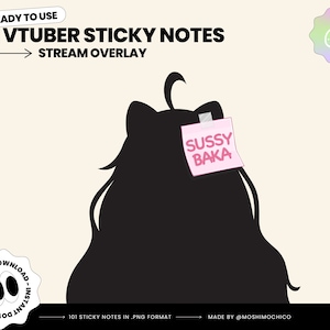 K&ouml;nnte beinhalten: Eine schwarze Silhouette eines VTubers mit langen Haaren und Katzenohren. Ein rosa Haftnotiz mit dem Text "SUSSY BAKA" ist oben auf dem Kopf befestigt. Der Hintergrund ist hellbeige.