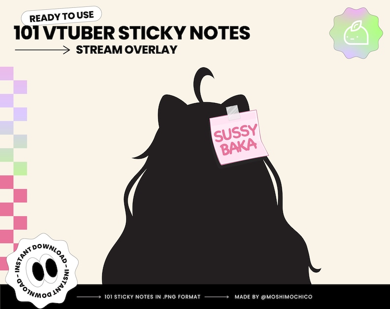 K&ouml;nnte beinhalten: Eine schwarze Silhouette eines VTubers mit langen Haaren und Katzenohren. Ein rosa Haftnotiz mit dem Text "SUSSY BAKA" ist oben auf dem Kopf befestigt. Der Hintergrund ist hellbeige.