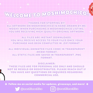 May include: A pink and white graphic with the text "Welcome to Moshimochico!" and a cartoon character. The text explains that all artwork is hand-drawn and includes information about instant downloads and file formats.
