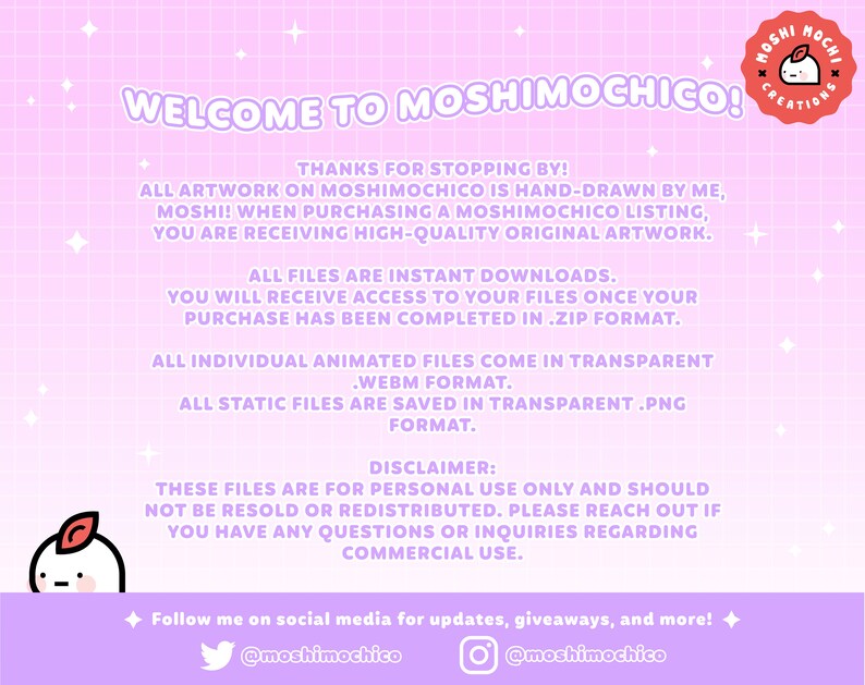 May include: A pink and white graphic with the text "Welcome to Moshimochico!" and a cartoon character. The text explains that all artwork is hand-drawn and includes information about instant downloads and file formats.