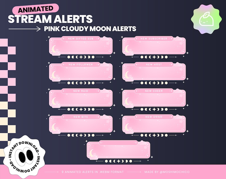 K&ouml;nnte beinhalten: Neun animierte Stream-Benachrichtigungen im WebM-Format mit einem rosa Hintergrund, einem Halbmond und Wolken. Die Benachrichtigungen umfassen: Neues Geschenk-Abo, Neuer Abonnent, Neuer Follower, Neuer Host, Neuer Raid, Neuer Cheer, Neue Bits, Neue Spende und eine leere Benachrichtigung.
