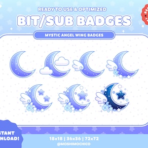 Twitch Sub Badges / Bit Badges / Blue Mystic Pastel Sparkle Moon Collection / Floral / Kawaii / Streamer / Cloud
