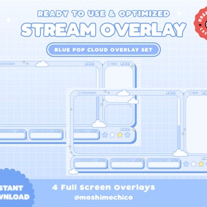 Twitch Blue Cloud Overlay Set / Overlay Package / Streamer Graphics / Kawaii / Streamer / Sparkle / Moon / Just Chatting / Vtuber