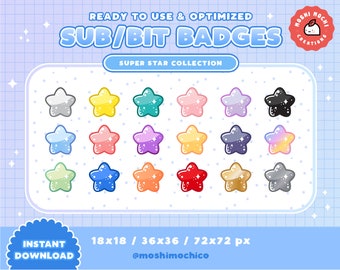 Pode incluir: Um conjunto de emblemas sub/bit em forma de estrela coloridos em várias cores, incluindo prata, amarelo, verde-azulado, rosa, roxo e preto. O texto "READY TO USE & OPTIMIZED SUB/BIT BADGES" e "SUPER STAR COLLECTION" é exibido. A imagem também inclui o texto "INSTANT DOWNLOAD" e dimensões.