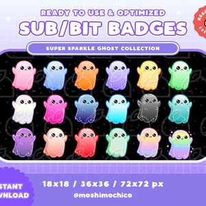 Cute Ghost Twitch Sub Badges / Bit Badge Pack / Emotes / Halloween / Kawaii / Streamer / Rainbow / Creepy / Spooky Aesthetic
