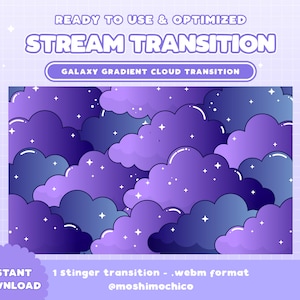 Puede incluir: Una animación de transición de nube de gradiente de galaxia púrpura y azul para streaming. La animación presenta un patrón repetitivo de nubes y estrellas. El texto "READY TO USE & OPTIMIZED STREAM TRANSITION GALAXY GRADIENT CLOUD TRANSITION" está en la parte superior de la imagen. El texto "INSTANT DOWNLOAD 1 stinger transition - webm format @moshimochico" está en la parte inferior de la imagen.