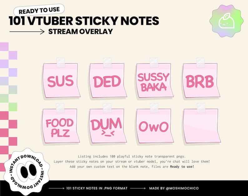 K&ouml;nnte beinhalten: Ein Satz von 101 rosa Haftnotizen mit verschiedenen Textphrasen, darunter "SUS", "DED", "SUSSY BAKA", "BRB", "FOOD PLZ", "DUM", "OWO" und eine leere Notiz. Die Notizen sind f&uuml;r die Verwendung als Stream-Overlays f&uuml;r VTuber gedacht.