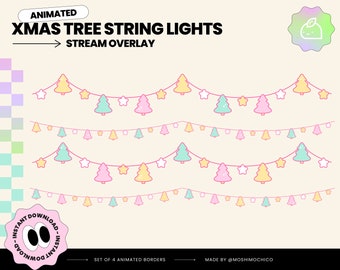 Puede incluir: Cuatro bordes animados que muestran una cadena de árboles de Navidad de colores pastel y estrellas. El texto "ANIMATED" y "XMAS TREE STRING LIGHTS" está en la parte superior de la imagen. El texto "STREAM OVERLAY" está debajo del título. El texto "SET OF 4 ANIMATED BORDERS" está en la parte inferior izquierda de la imagen. El texto "MADE BY @MOSHIMOCHICO" está en la parte inferior derecha de la imagen.