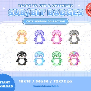 Twitch Sub Badges / Bit Badges / Emote - Cute Glossy Penguin Collection / Kawaii / Streamer / Animal / Sparkle / Rainbow