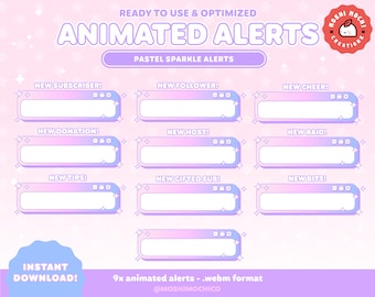 Op de afbeelding: Negen geanimeerde meldingen in een pastelroze en paarse kleurschema met een glinstereffect. De meldingen zijn in webm-formaat en klaar voor gebruik en geoptimaliseerd. De tekst op de meldingen omvat "Nieuwe abonnee", "Nieuwe volger", "Nieuwe cheer", "Nieuwe donatie", "Nieuwe host", "Nieuwe raid", "Nieuwe tips", "Nieuwe cadeau-abonnement" en "Nieuwe bits".