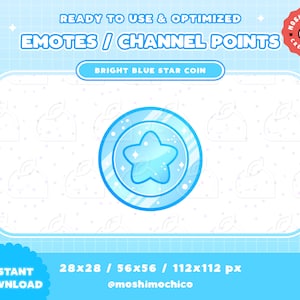 Puede incluir: Un emoji de moneda de estrella azul con una estrella blanca en el centro. La moneda tiene un aspecto brillante y metálico. El emoji está disponible en tres tamaños: 28x28 píxeles, 56x56 píxeles y 112x112 píxeles. El texto "BRIGHT BLUE STAR COIN" está encima del emoji. El texto "INSTANT DOWNLOAD" está en la esquina inferior izquierda. El texto "28x28 / 56x56 / 112x112 px" está en el centro inferior. El texto "@moshimochico" está en la esquina inferior derecha.