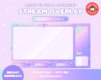 Pastel Moon Kitty Overlay Set for Twitch | Stream Package | Streamer Graphics | Badges | Emotes | Webcam Border | Cat Theme | Cute