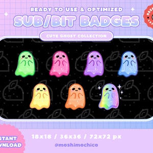 7x Twitch Sous Badges / Bit Badges / Emote - Cute Sparkle Ghost Pumpkin / Kawaii / Streamer / Esthétique / Pastel / Halloween / Spooky
