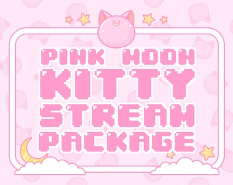 May include: Pink and white pixel art graphic with the text "PINK MOON KITTY STREAM PACKAGE" in a white frame with a pink background. The graphic features a pink moon with a cat face and stars.