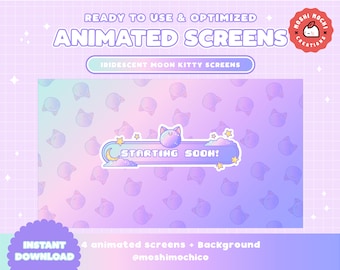 ANIMATED Twitch Iridescent Moon Kitty Screens / Offline / Brb / Starting Soon / Cute / Streamer / Moon / Cloud / Aesthetic / Animation / Cat