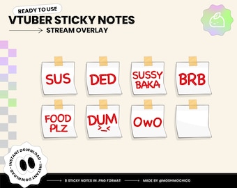 Könnte beinhalten: Acht weiße Haftnotizen mit rotem Text. Die Notizen zeigen beliebte Internet-Slang-Begriffe wie "SUS", "DED", "SUSSY BAKA", "BRB", "FOOD PLZ", "DUM", "OWO" und eine leere Notiz.