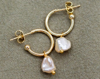 Freshwater Pearl Stud Hoop Earrings | Gold Vermeil