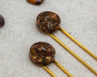 Autumn Leaf Jasper Resin Hair Pin | Hair Fork | Gold Plated