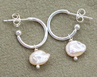 Freshwater Pearl Stud Hoop Earrings | Sterling Silver