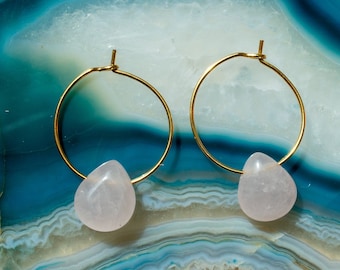 Teardrop Rose Quartz Hoop Earrings | Gold Plated