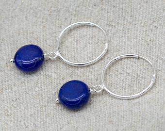 Lapis Lazuli Circle Coin Hoop Earrings | Sterling Silver