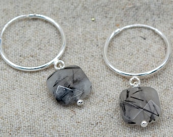 Tourmalinated Quartz Square Faceted Hoop Earrings | Sterling Silver