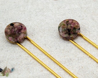 Watermelon Tourmaline Resin Hair Pin | Hair Fork | Gold Plated