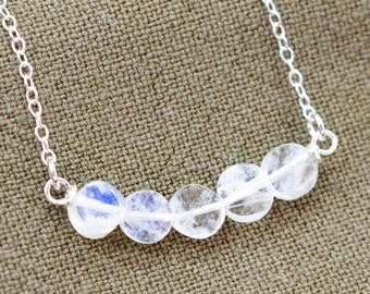 Rainbow Moonstone Faceted Disc Bar Necklace | Sterling Silver | Silver Plated