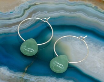 Teardrop Aventurine Hoop Earrings | Silver Plated | Sterling Silver