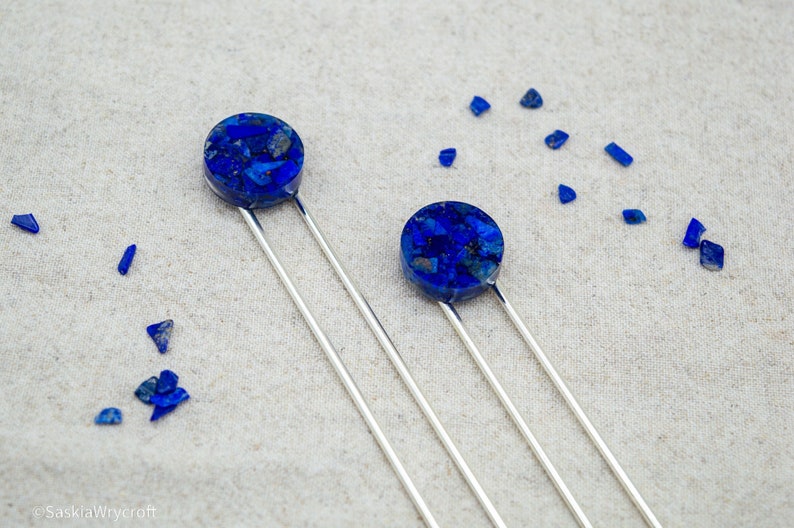 Lapis Lazuli Resin Hair Pin Hair Fork Silver Plated image 1