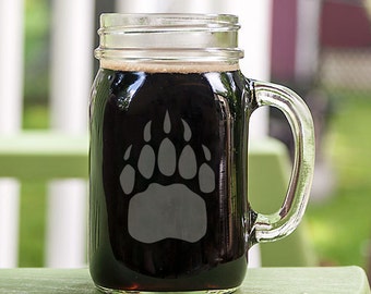 Bear Paw Print Customizable Etched Glassware Mason Handled Jar Beer Mug Barware Gift