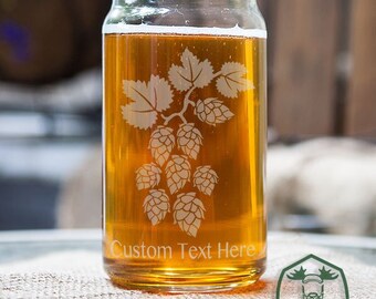 Hops Vine Customizable Etched Glassware Beer Can Glass Barware Gift