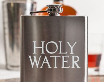 Holy Water Typography Customizable Etched Stainless Steel Flask Barware Gift