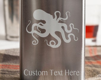 Kraken Octopus Customizable Etched Stainless Steel Flask Barware Gift