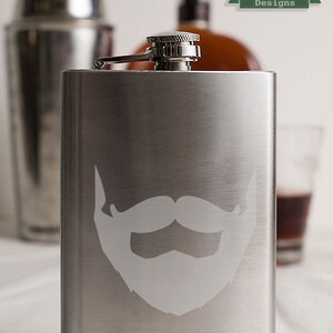 Beard and Mustache Customizable Etched Stainless Steel Flask Barware Gift