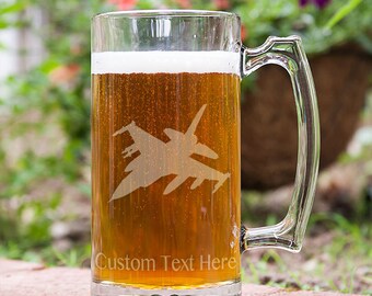 F-16 Fighting Falcon Customizable Etched Glassware Stein Beer Mug Barware Gift