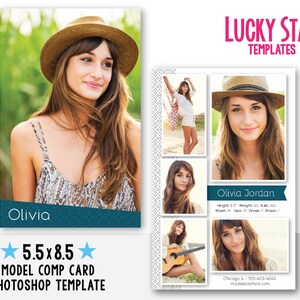 May include: A model comp card template for a photographer. The template features a collage of photos of a young woman wearing a hat and a dress. The template includes the model's name, measurements, and contact information. The template is 5.5 inches by 8.5 inches.