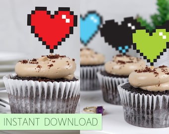 Pixel Heart Cupcake Toppers INSTANT download, Pixel Heart Cupcake Toppers, Undertale Souls, Gaming hearts