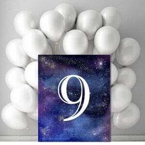 Décorations de fête d'anniversaire espace imprimable pour 9 ans, 9e accessoire de fête d'anniversaire, fichiers Jpg d'art mural Galaxy bleu 5 x 7 8 x 10 11 x 14 14 x 18