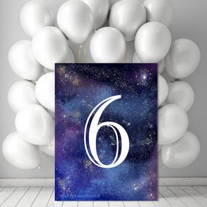 Afdrukbaar nummer 6 ruimte verjaardag decor, zes jaar oude partij prop, digitale melkweg kunst aan de muur verjaardag poster jpg prints 4 x 6 5 x 7 tot 8 x 10 14 x 18