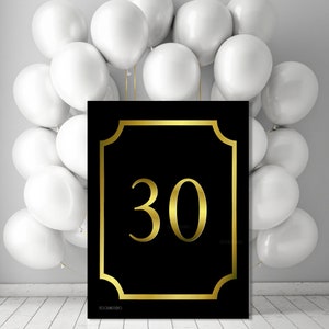 Poster stampabile per il compleanno numero 30, decorazione per festa del 30° compleanno in oro e nero, annuncio digitale con foto di scena, jpg pdf, 5x7 20x24 pollici