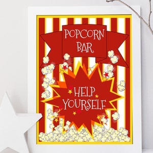 Barra de palomitas de maíz, decoración imprimible de fiesta en rojo y amarillo, cartel o letrero digital para mesa de cumpleaños de graduación, jpg, pdf, 5x7, 8x10, 14x18