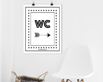 Printable Black White WC Bathroom Door Sign with right directional arrow, Wedding Event Restroom signage, jpg pdf  5x7 to 20x24