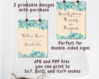Printable Breastfeeding Sign, DIY 2 Sided Sign for Nursing Mothers, Knock Please Nursing in Progress and Mothers Room Available jpg pdf