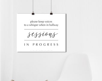 Printable Quiet Sign, Please Whisper Sessions in Progress, School Therapy Spa Office Door Sign Minimalist Black White 5x7 to 18x24 jpg pdf