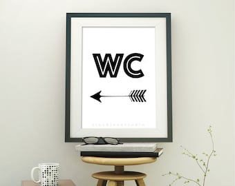 WC Printable Black White Restroom Door Sign with left facing arrow, Wedding Event Toilet signage, 5x7 to 18x24 JPG pdf