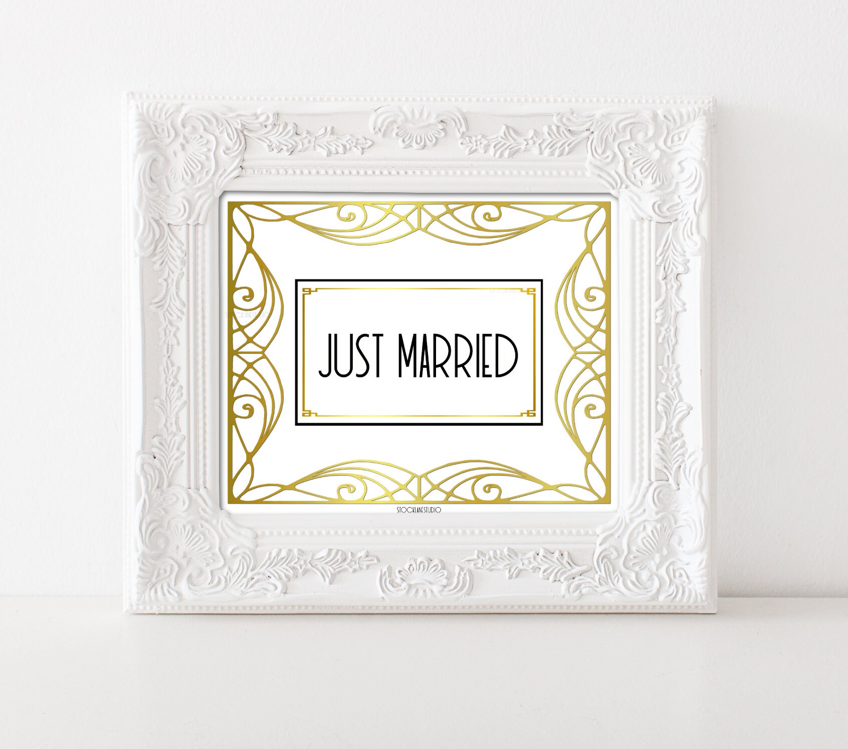 Just married Printable Wedding sign gold white Art deco style | Etsy
